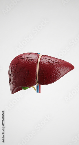A detailed 3D model of the human liver, showcasing its realistic texture and anatomical structure with visible blood vessels against a neutral background