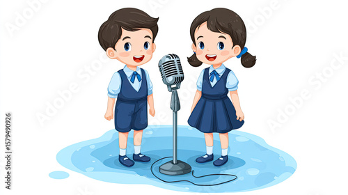 Cartoon illustration of two kids singing into a microphone wearing school uniforms on a white background