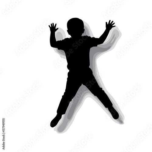Silhouette of a child jumping with arms raised on white background  