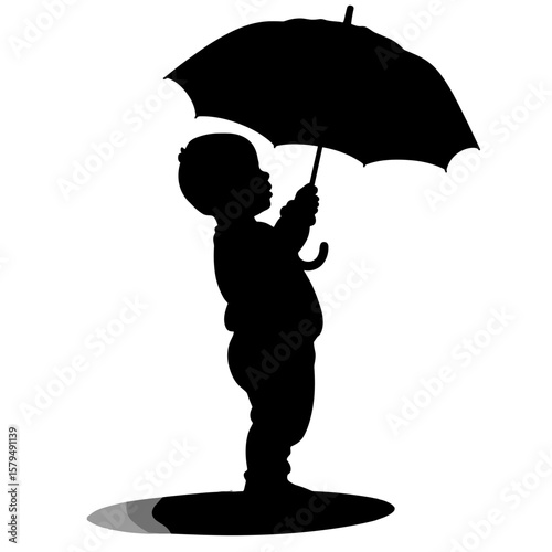 Child holding umbrella in silhouette against white background  