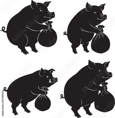 Pig Stealing Sack Cartoon silhouette