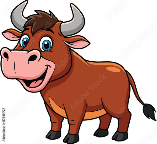 Cartoon bull character, big blue eyes, cute farm animal, smiling livestock, brown furry creature, children's illustration, adorable horned cartoon