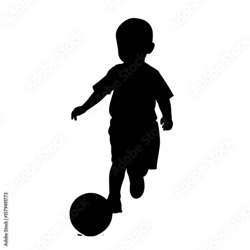 Child kicking a ball in silhouette against a white background  