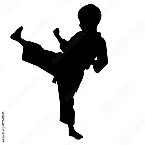 Child practicing karate kick in martial arts uniform silhouette  