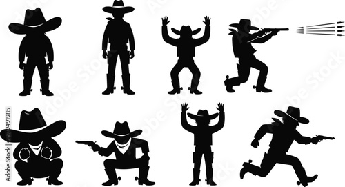 Wild west cowboy silhouettes in action, vector illustration of gunfight poses, standing, running, crouching, dramatic western clipart design