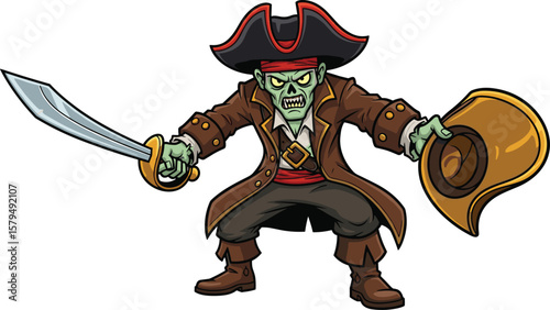 Fierce zombie pirate holding sword and hat, spooky undead character in costume, Halloween illustration for fantasy, adventure, scary theme