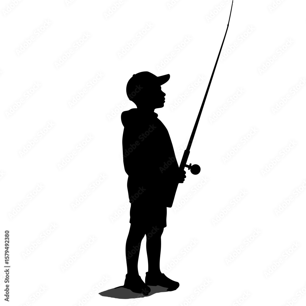 Obraz premium Boy fishing silhouette holding rod against white background 