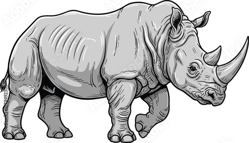 Cartoon rhinoceros character, large horn, gray animal, cute wild creature, detailed drawing, wildlife illustration, nature art, children’s sketch design