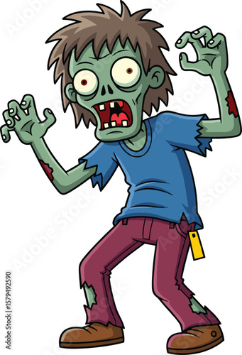 Cartoon zombie character, green skin, wild hair, tattered clothes, spooky style, Halloween theme, creepy monster, undead figure, horror design, scary illustration