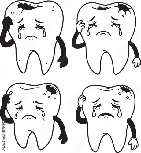 Tooth Crying With Caries Cartoon Character silhouette