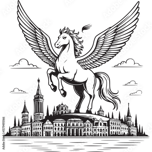 A monochrome illustration of a pegasus soaring over a detailed cityscape with cloud accents above on transparent background
