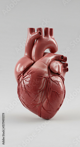 A detailed 3D model of the human heart, showcasing its realistic texture and anatomical structure with visible blood vessels against a neutral background