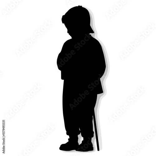 Silhouette of child standing alone with hands folded outdoors  