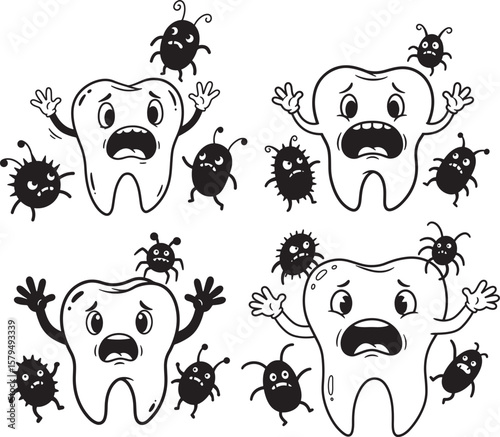 Tooth Attacked By Germs Cartoon Character silhouette