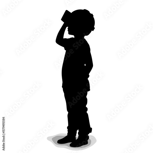 Child silhouette pretending to drink from a cup against white background  