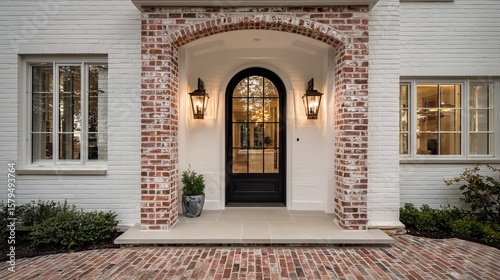 Elegant front entrance of a modern home with brick accents and stylish lanterns illuminating the doorway.