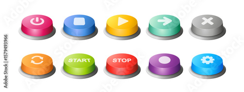 Different color push buttons set in perspective. Button with icon. Vector illustration