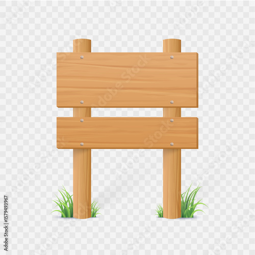 Wooden signboard vector illustration. Realistic wood sign on grass. Blank board with wood texture, plywood road pointer