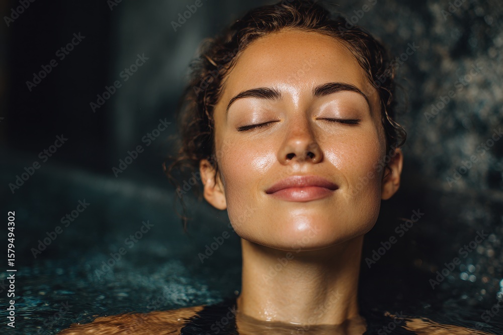 Fototapeta premium Serene Wellness Retreat: Young Woman Embracing Calm and Beauty in a Peaceful Spa Environment