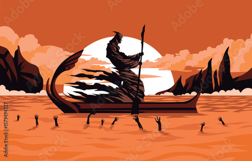 greek mythology Charon in a boat transporting souls in underworld