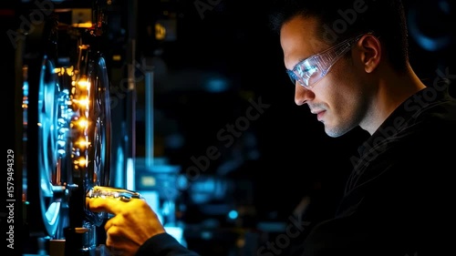 Technician analyzing circuit board in a hightech lab environment