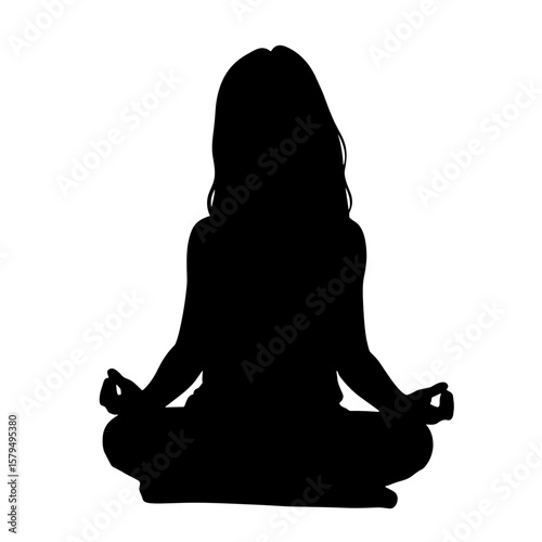 Silhouette of woman meditating in lotus position on white background  