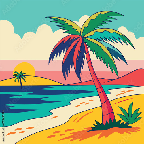 Colorful Sketch of Summer Landscape with Palm Tree and Sun – Tropical Hand-Drawn Vector for Vacation, Travel, Beach, Nature, and Seasonal Illustration Themes