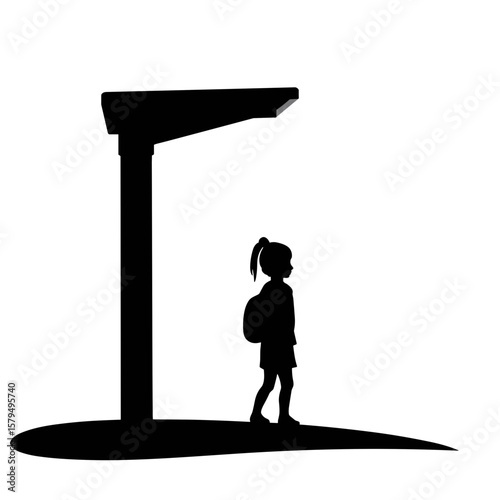 Silhouette of girl waiting under bus stop shelter with backpack  