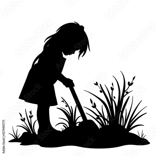 Young girl digging in garden surrounded by grass and plants  