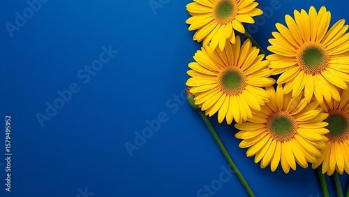 Vibrant yellow gerbera daisies arranged artistically against a deep blue background, minimalist floral concept.