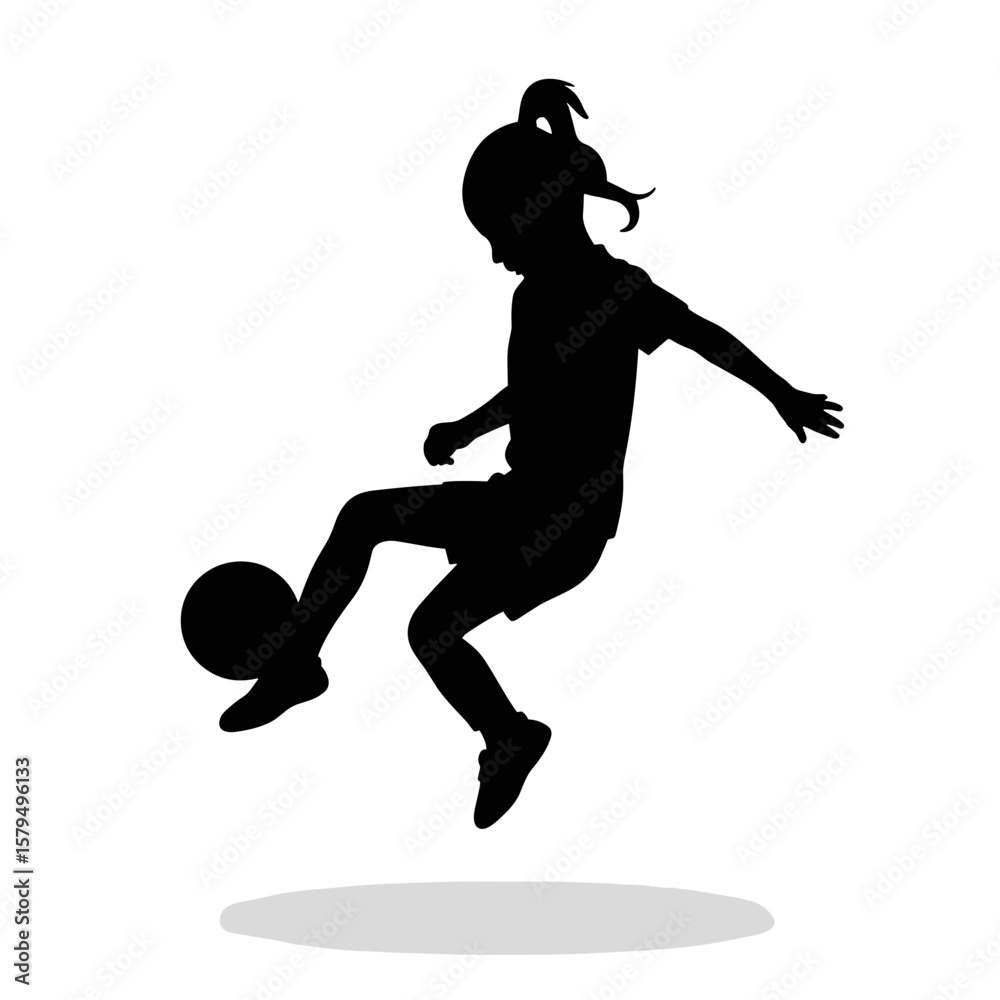 Naklejka premium Little girl silhouette standing with hand on chin in playful pose 