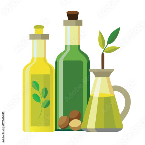 Digital Illustration of Three Olive Oil Bottles – Vector Art Featuring Different Bottle Types for Culinary Design, Organic Food Packaging, Mediterranean Cuisine, and Healthy Living