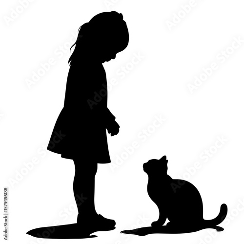 Silhouette of girl interacting with cat on white background  