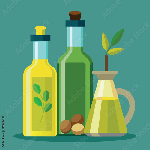 Digital Illustration of Three Olive Oil Bottles – Vector Art Featuring Different Bottle Types for Culinary Design, Organic Food Packaging, Mediterranean Cuisine, and Healthy Living
