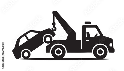 Tow Truck Icon with Car – Flat Silhouette Vehicle Towing Illustration

