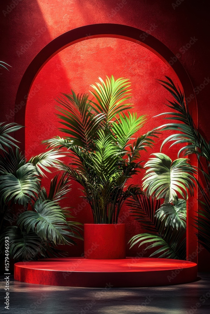 Fototapeta premium Lush green plants displayed in a vibrant red architectural setting