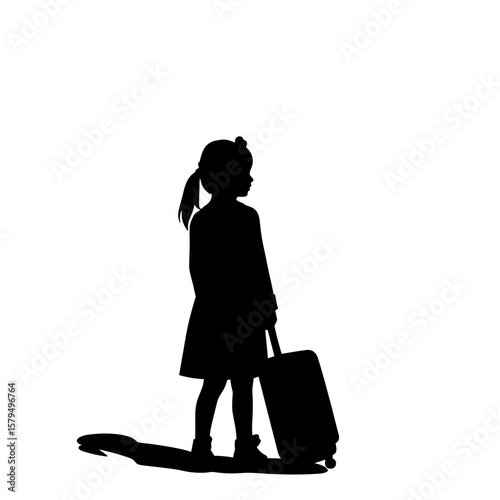 Young girl standing with suitcase in silhouette on white background  