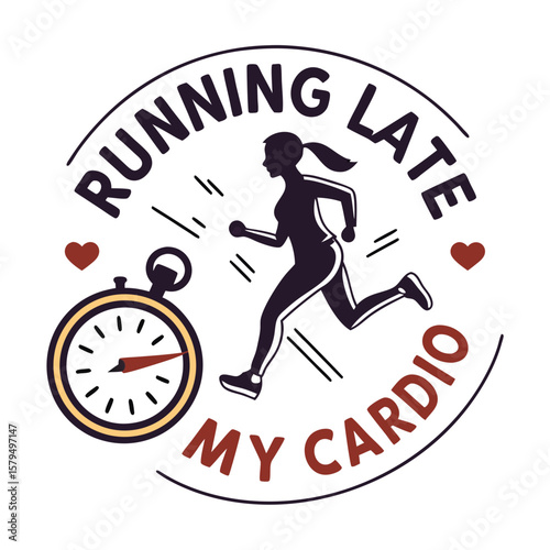 A woman running with a stopwatch symbolizes the urgency of being late for cardio exercise