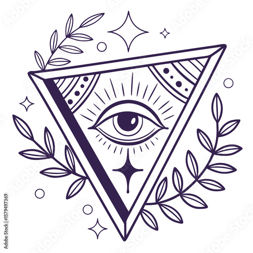 An allseeing eye inside a triangle surrounded by leaves and stars symbolizes mystic knowledge and spiritual awareness