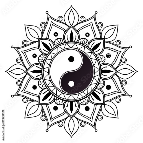The yin yang symbol within a mandala represents the balance and harmony of duality in taoism