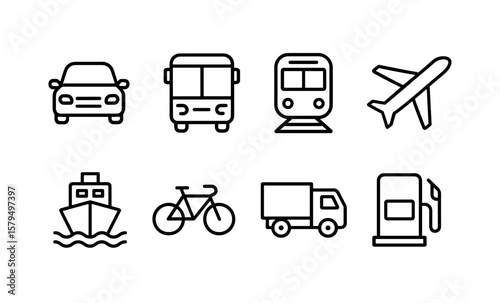 Minimalist transportation and travel icons in simple line art style