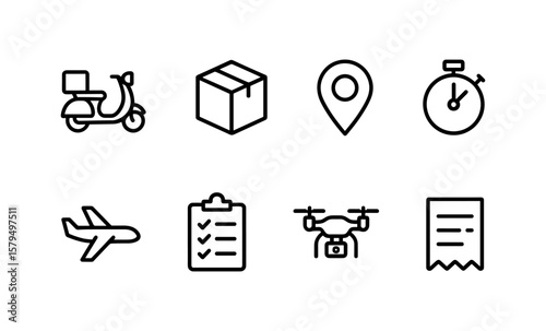 Set of linear delivery icons: scooter, box, location, stopwatch, airplane, checklist, drone, receipt