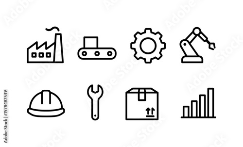 Industrial icons: factory, gear, robot arm, and more in simple black linear style