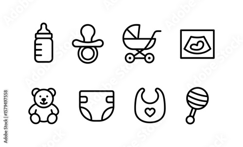 Baby essentials line icons set featuring bottle, stroller, diaper, and more