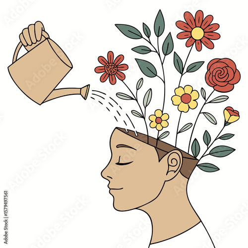Watering can pouring flowers into a persons head, representing mental health growth and selfcare