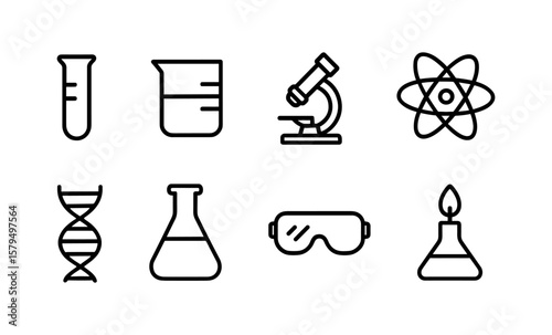 Science lab icons: minimalist line art of dna, test tubes, microscope, and atom