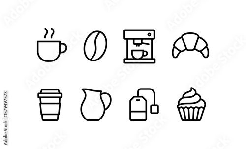 Minimalistic coffee and bakery icons set: cup, bean, machine, croissant, and more
