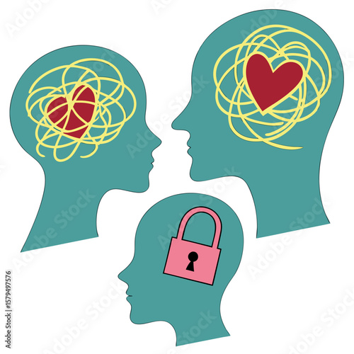 A couples minds are connected by love, but one mind is locked, symbolizing the challenges in relationships