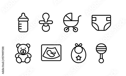 Baby essentials icons set in simple linear design for new parents