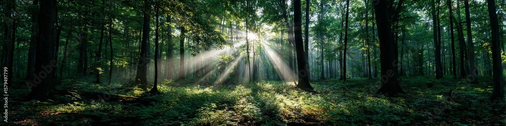 Obraz premium Beautiful rays of sunlight in a green forest shining through trees and tree branches. Concept of new beginning and spirituality.